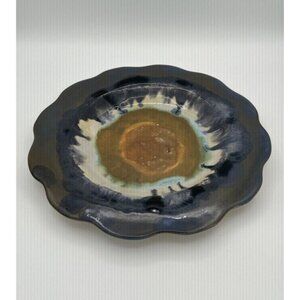 Studio Art Painted Ceramic Bowl Scallop Edge Blue Teal Brown Beige Glazed 12"X2"